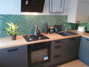 a kitchen with a stove and a counter top at Apartament EM in Krosno