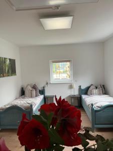2 Betten in einem Zimmer mit einer roten Blume auf dem Boden in der Unterkunft Gemütliches Eifeler Gästehäuschen in Nettersheim