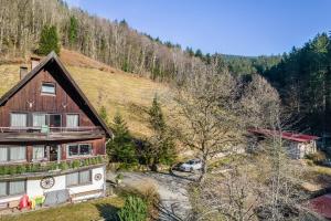 an aerial view of a house in the mountains at Ferienwohnung Frechehof 74qm in Bad Peterstal