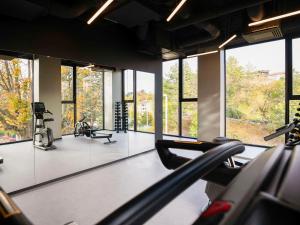 - une salle de sport avec des tapis roulants, des vélos elliptiques et des fenêtres dans l'établissement TRIBE Lyon Croix Rousse, à Lyon
