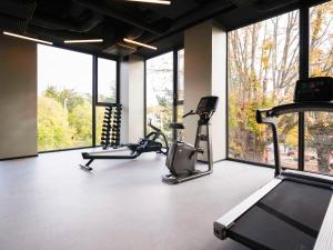 a gym with two exercise bikes and windows at TRIBE Lyon Croix Rousse in Lyon