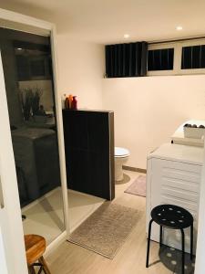 uma casa de banho com um chuveiro e um WC. em Superbe studio privé em Thionville