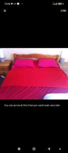 a bed with red sheets and pink pillows on it at Calme et écologie aux portes de Paris in Ivry-sur-Seine