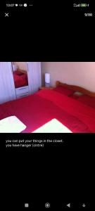 a bedroom with a red bed with a red blanket at Calme et écologie aux portes de Paris in Ivry-sur-Seine