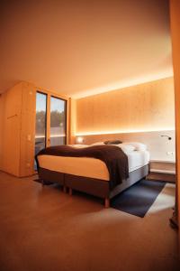 ein Schlafzimmer mit einem Bett und einem großen Fenster in der Unterkunft Wohnothek in Eisenberg an der Pinka
