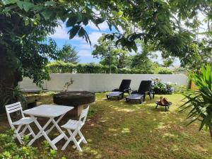 a backyard with a table and chairs and a fire pit at Castanheiro's Place in Ponta Delgada