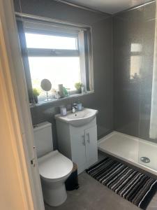 baño con aseo y lavabo y ventana en The Rodher house en Mánchester
