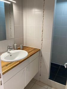 ein Badezimmer mit Waschbecken und Spiegel in der Unterkunft MAGNIFIQUE APPARTEMENT VUE MER, SUITE PARENTALE. in Les Trois-Îlets + 18 Fotos