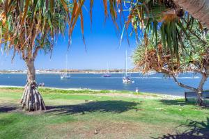 uma praia com barcos na água e palmeiras em Freshly Renovated Modern Waterfront 1 Bedroom unit em Gold Coast