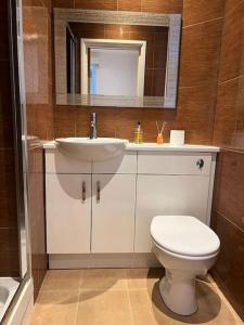 a bathroom with a sink and a toilet and a mirror at Superb 2Bed/2Bath Flat Waterloo London in London