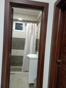a bathroom with a sink and a microwave at Apartmani Marija in Vrdnik