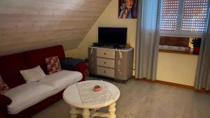 salon z kanapą, telewizorem i stołem w obiekcie entre vignes et montagnes chambres w mieście Fréland