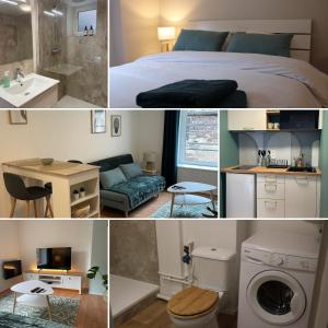 un collage de photos d'une chambre et d'une salle de bains dans l'établissement Cozy aux 3 frontières, à Sierck-les-Bains