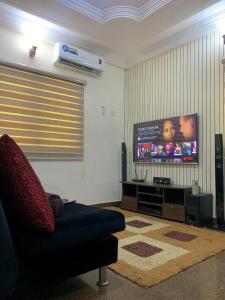 a living room with a couch and a flat screen tv at Comfortable 2BDR Apt - Superb power supply, Wi-Fi, Kitchen, Netflix, Mins to Airport in Agege