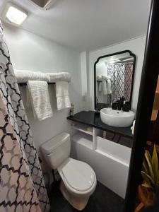 een badkamer met een wit toilet en een wastafel bij Son de Mar Camper - Shared Pool near to the Beach in Arecibo