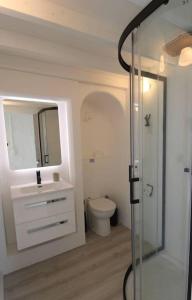 a bathroom with a toilet and a glass shower at LE CLOS BUCCI - Golfe de Saint-Tropez - Les hauts de Grimaud, villa avec vue exceptionnelle in Grimaud