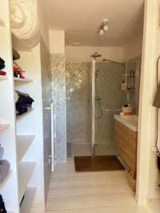 een badkamer met een douche en een wastafel bij Emplacement idéal dans le Var ! in Cuers
