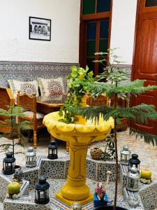 Una fuente amarilla con un árbol en una habitación en Dar Al Fassia, en Oujda
