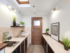 a kitchen with a sink and a wooden door at Willa Ada & Apartments in Karpacz
