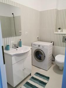 ein Badezimmer mit einer Waschmaschine und einem Waschbecken in der Unterkunft Ambasador Baia Mare in Baia Mare
