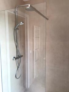 een douche met een glazen deur in de badkamer bij Residentie Sluispark in Gent
