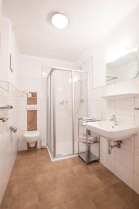 a bathroom with a shower and a sink and a toilet at Conny's Apartments in Neustift im Stubaital