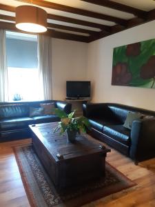 Sala de estar con sofá de cuero negro y mesa de centro en Hoeve Heidonk, en Horn