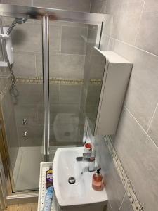 a bathroom with a sink and a shower at Stylish studio flat in City Centre Nottingham in Nottingham