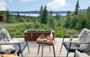 eine Terrasse mit 2 Stühlen und einem Tisch mit einer Flasche Wein in der Unterkunft Awesome Home In Rauland With Sauna in Rauland