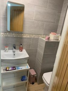 a bathroom with a sink and a toilet and a mirror at Stylish studio flat in City Centre Nottingham in Nottingham