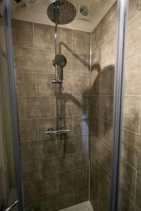 y baño con ducha con cabezal de ducha. en Luxury Pod Cabin in beautiful surroundings Wrexham en Wrexham