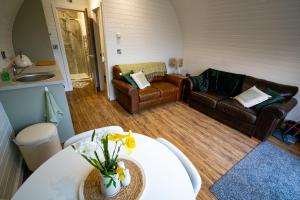 a living room with two leather couches and a table at Luxury Pod Cabin in beautiful surroundings Wrexham in Wrexham