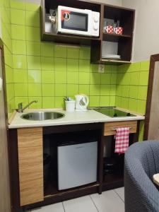 een kleine keuken met een wastafel en een magnetron bij Apartments Manhattan in Teplice