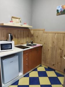a small kitchen with a sink and a microwave at Apartments Manhattan in Teplice