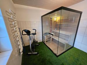 a gym with a treadmill and a walk in shower at QUARTIER 179 by Schladming-Appartements in Schladming +36 photos