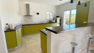 uma cozinha com armários verdes e uma bancada em Villa des Chardonnerets em Mougins