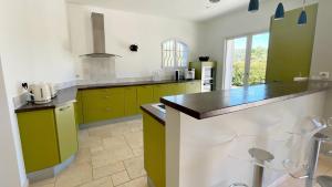 a kitchen with green cabinets and a counter top at Villa des Chardonnerets in Mougins