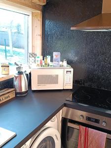 a kitchen with a microwave and a stove at Le P'tit Nid : Mini loft pour 2 à 4 personnes in Tellin