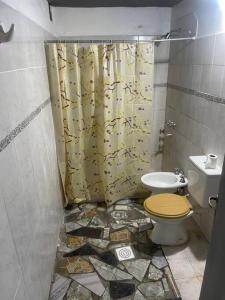 y baño con aseo y cortina de ducha. en Duplex santa rosa en Santa Rosa del Conlara