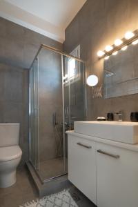 La salle de bains est pourvue d'une douche, de toilettes et d'un lavabo. dans l'établissement Pouletis Family Villas Sea Apartments, à Kalamata
