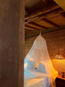 a bed with a net on it in a room at Isla Fuerte Eco House in Puerto Limón