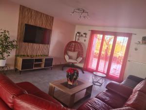 a living room with a couch and a tv at Aux P'tits Cabris in Lahayville