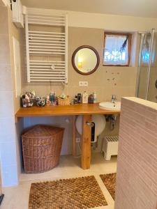 baño con lavabo y encimera con espejo en HolidayHome Sauna Kyselka, en Šemnice