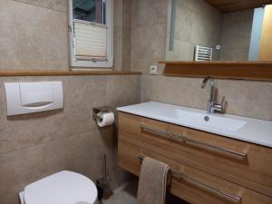 a bathroom with a sink and a toilet at Ferienhaus Schwendehof in Fontanella