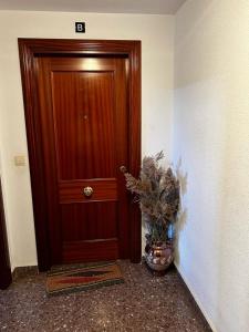 un couloir avec une porte en bois et un vase avec une plante dans l'établissement Apartamento Magdalena, à Haro