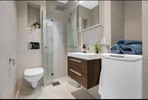 a bathroom with a toilet and a shower and a sink at Alexander Kiellands plass - City Center Oslo in Oslo