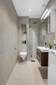 y baño con aseo, ducha y lavamanos. en Alexander Kiellands plass - City Center Oslo, en Oslo