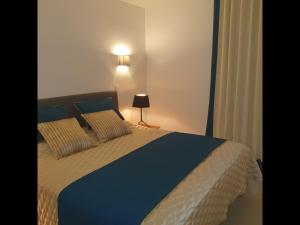 um quarto com uma cama com um cobertor azul e almofadas em Le Rocher Vert - Duplex climatisé pour 4 em Saint Barthelemy