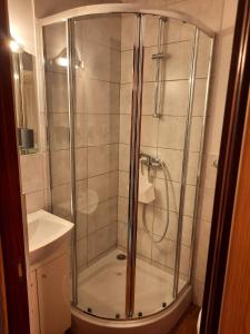 a shower with a glass door in a bathroom at Alfa2 apartament 1 in Bystra