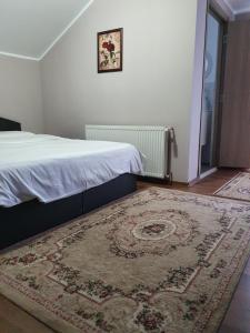 ein Schlafzimmer mit einem Bett und einem Teppich auf dem Boden in der Unterkunft CASA LAURENTIU in Borşa